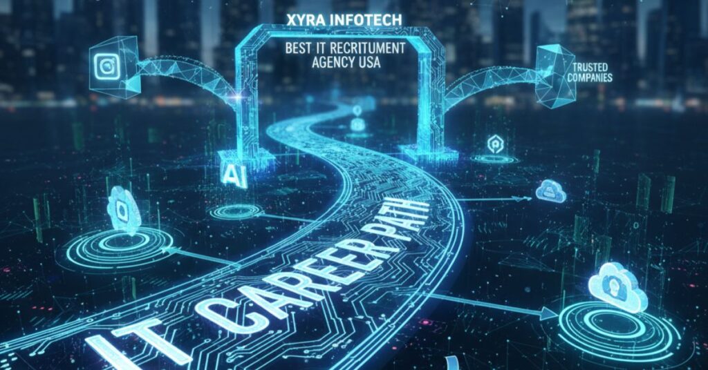 A futuristic cityscape at night with glowing blue lines and data streams. A circuit-like path leads to a bright digital archway, symbolizing technology and career growth