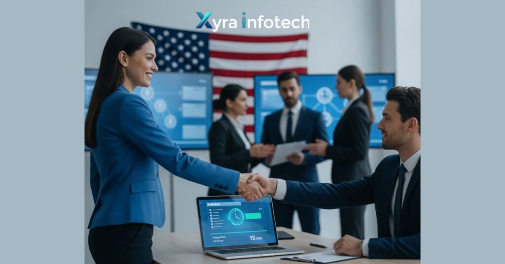 A modern corporate recruiter in a blue blazer shakes hands with a candidate over a laptop in a bright, tech-driven office featuring a US flag.
