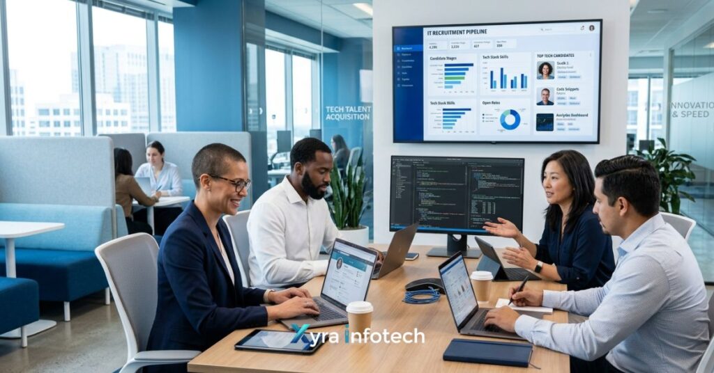 IT recruiters reviewing candidate profiles and tech data in a modern office environment.